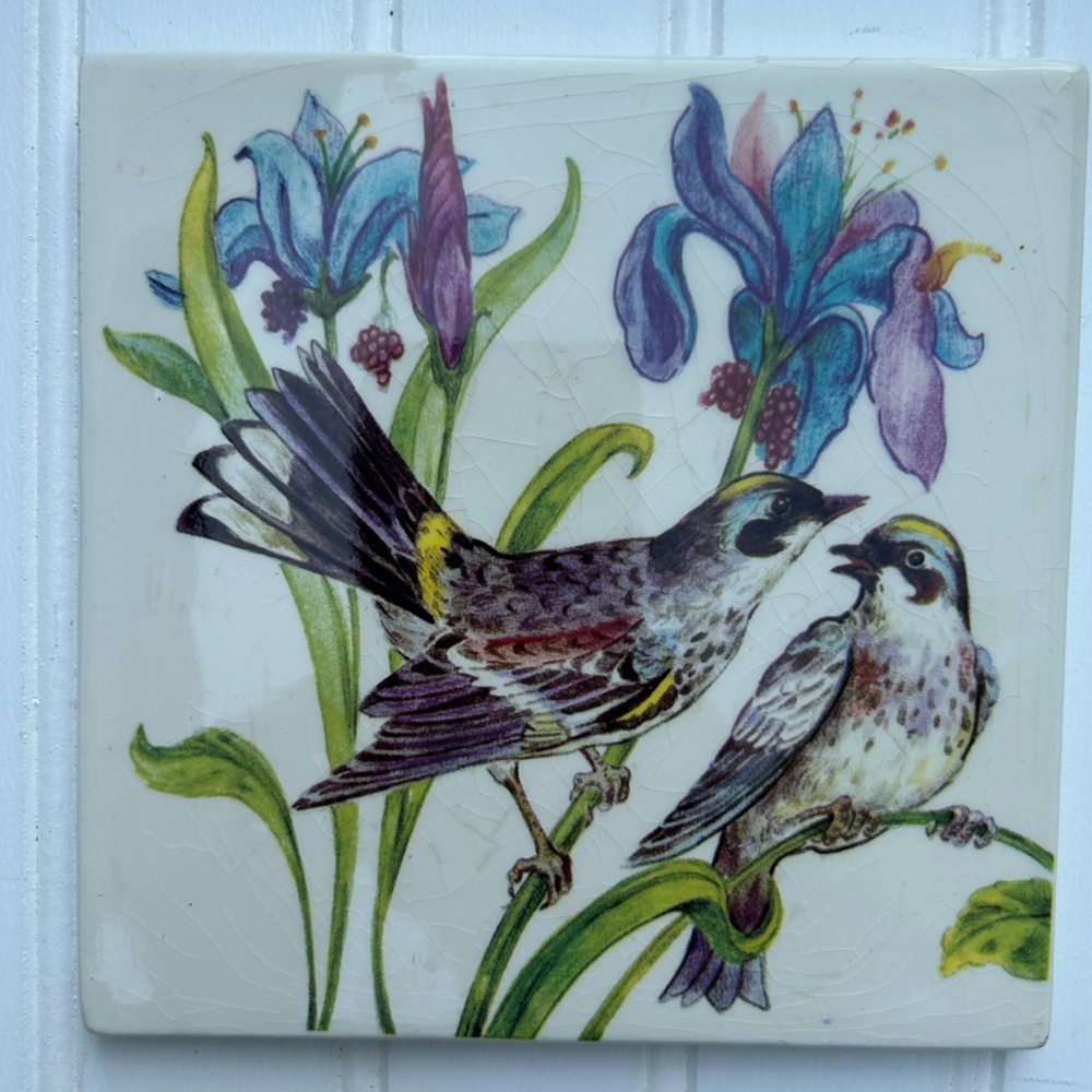 Papel Giftware Tile Floral Bird Floral Ceramic Blue Green Trivet 6x6 inch